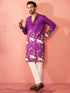 Men's Purple Dola Silk Digital Print Kurta with Cream Pyjama